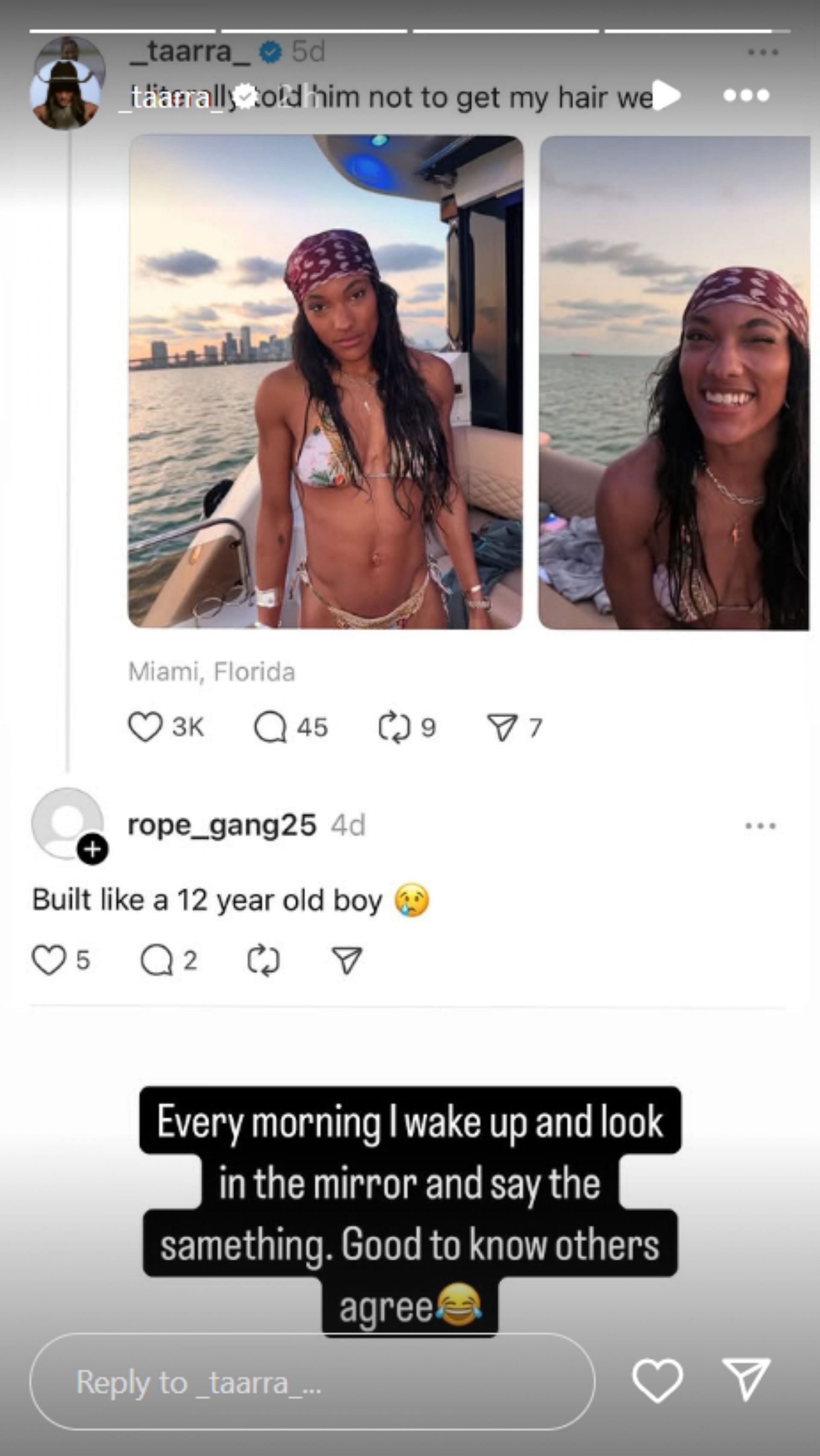Tara Davis-Woodhall reacts to a fan reaction; Instagram - @_taarra_